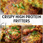Golden crispy zucchini fritters with fresh chives served as healthy baked fritters and protein side dish.
